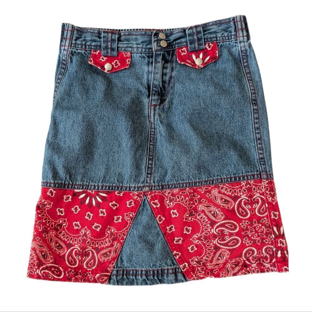 Girls Vintage Denim & Red Bandana Denim Patchwork Skirt Size‎ 5/6